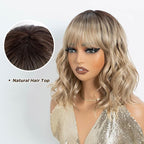 NOBLE Bob Wig with Bangs Short Wavy Wig for Women Ombre Mix Blonde Shoulder Length Wig Heat Resistant Synthetic Wigs for Daily Party Use 12 Inches