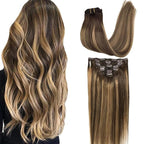 GOO GOO Clip in Hair Extensions Real Human Hair, Remy Human Hair Extensions Clip ins for Women, Natural Human Hair, 22inch 120g 7Pcs, 4/27/4 Balayage Chocolate Brown to Caramel Blonde