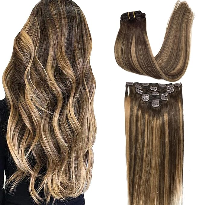 GOO GOO Clip in Hair Extensions Real Human Hair, Remy Human Hair Extensions Clip ins for Women, Natural Human Hair, 22inch 120g 7Pcs, 4/27/4 Balayage Chocolate Brown to Caramel Blonde