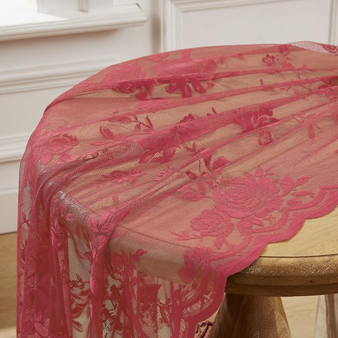 Coral Lace Curtains 108 Inches Long 2 Panels Rod Pocket Large Floral Embroidery - Image 7
