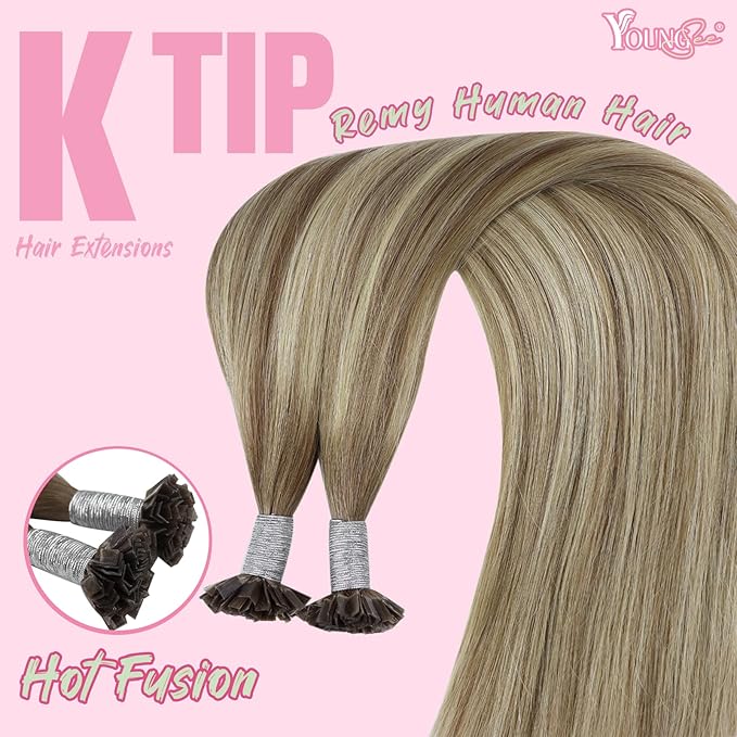 YoungSee Human Hair K Tip Hair Extensions Balayage Light Brown and Platinum Blonde Ktips Remy Hair Extensions 1G/S 50G 20In