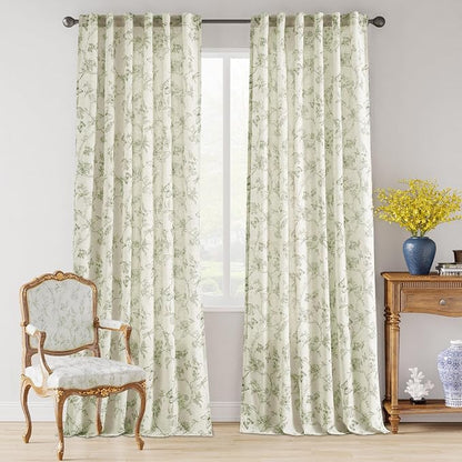 Green Floral Linen Curtains Farmhouse Rod Pocket 50W X 108L 2 Panels | - Image 2