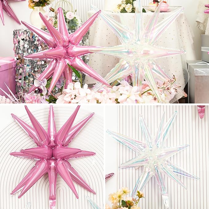 9Pcs Light Pink and Iridescent Star Balloons, Large Explosion Foil Balloons - Image 6