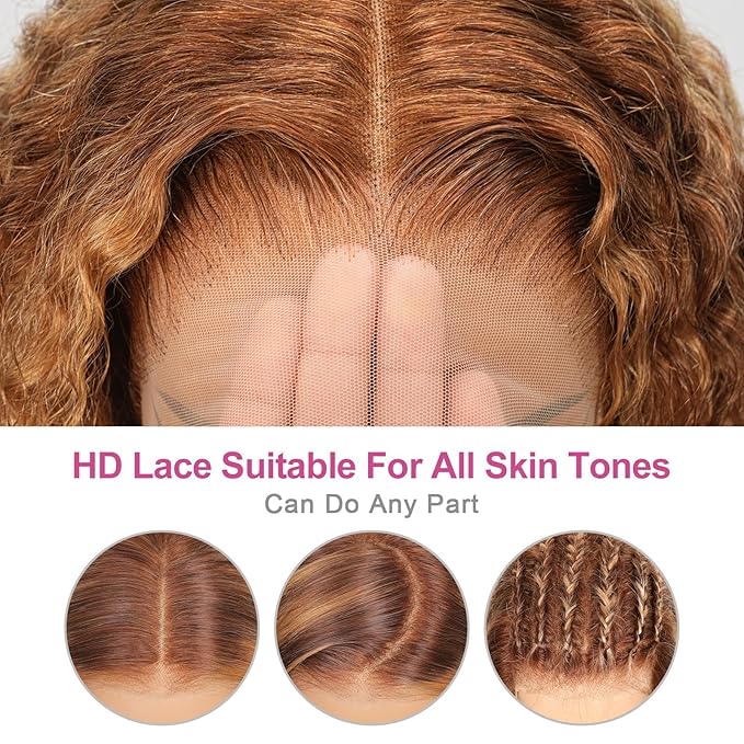 210% Density 13x6 Highlight Ombre Full Lace Frontal Wigs Human Hair 12A Deep Wave Brazilian Human Hair Pre Plucked 4/27 Honey Blonde HD Glueless Transparent Lace 22 Inch