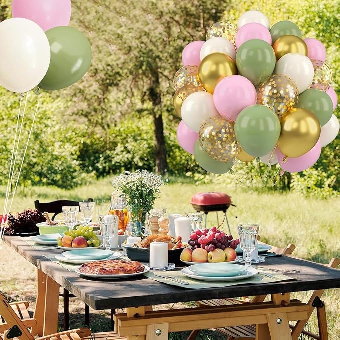 Paready Pink and Green Balloons, 12 Inch Metallic Gold Confetti Avocado Green - Image 6
