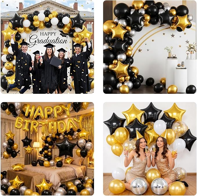Black Gold Star Foil Balloons, 18 Inch Metallic Black and Gold Stars Balloon - Image 8