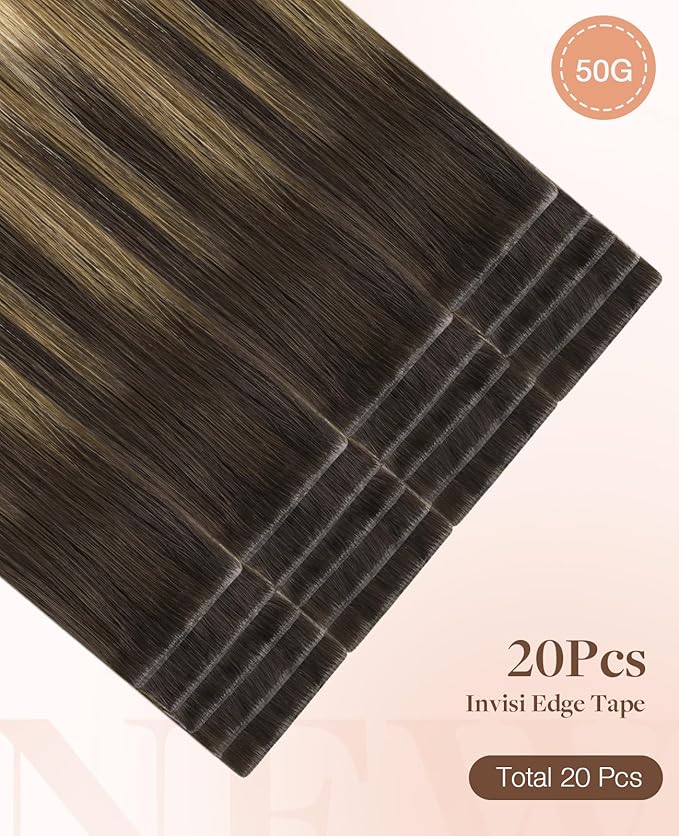 GOO GOO Invisi Edge Tape in Hair Extensions Human Hair, 2/6/18 Balayage Brown to Dirty Blonde, 20pcs 14inch 50g, Virgin Remy Hair, Seamless Injected Tape, Natural Look