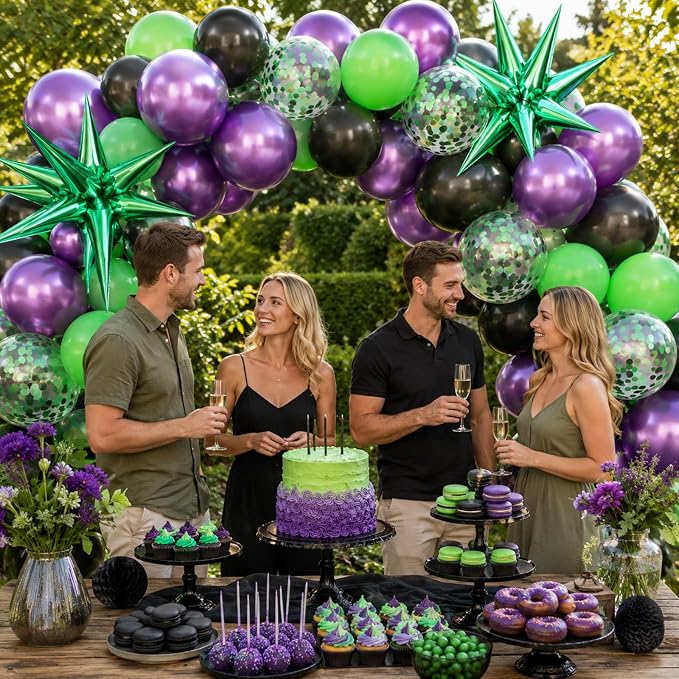 Purple and Green Balloons, 12 Inch Metallic Purple Black Green and Confentti - Image 5