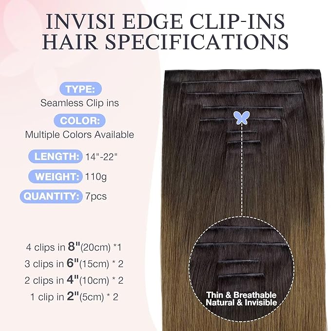 DOORES Invisible Clip in Hair Extensions 22 Inch 110g 7pcs, Real Human Hair Invisi Edge Virgin Clip ins Extensions Straight Thickening, 1D/2C/4E Natural Black to Dark Brown and Chocolate Brown