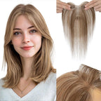 Hairro Human Hair Toppers with Side Bangs, 3D 360° Seamless Real Hair Toppers, Hand-Tied with 3.5"x4.7" T-shaped Base, Clip-In Hairpieces to Add Volume on Top, 11 Inch Medium Brown Mix Dark Blonde