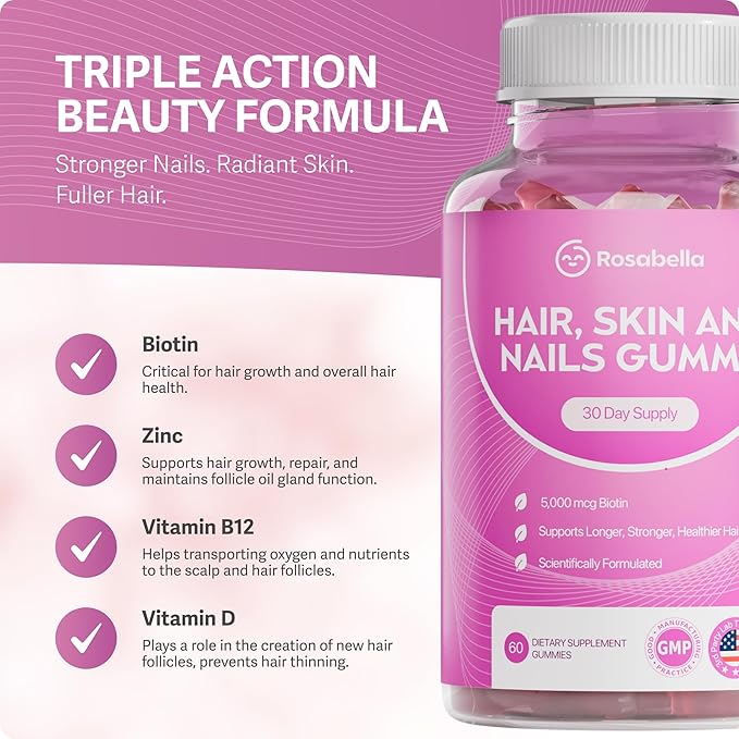 Rosabella® Hair Growth Vitamin Gummies [60 Gummies] Biotin for Faster Hair Growth Women & Men - Nail, Skin (5.000mcg Biotin) (60 Count (Pack of 3))