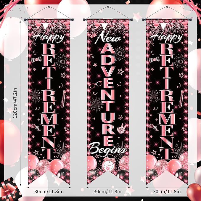 3Pcs Retirement Porch Sign Door Hanging Banner Rose Gold Happy Retirement - Image 3