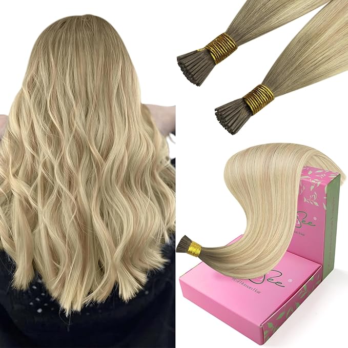 YoungSee Itip Hair Extensions Real Human Hair Ombre I Tip Hair Extensions Human Hair Ash Blonde to Platinum Blond Balayage I Tip Hair Extension 20 Inch 50g 50s Pre Bonded Hair Extension
