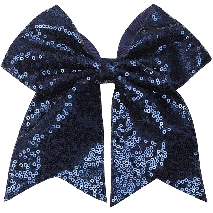 Large Glitter Cheer Bows Clips, Jumbo Big 7 Inch Cheerleading Sequin Hair Bow Hair Accessories for Teens Girls Football Sports Cheerleader Outfit Uniform (Navy Blue)