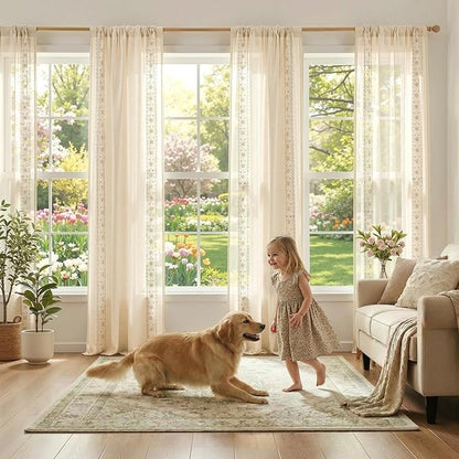 jinchan Floral Sheer Linen Curtains, Back Tab 50x84 Inch, 2 Panels Ivory | Semi - Image 4