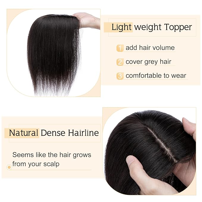 SEGO Human Hair Toppers for Women With Thinning Hair, 7 * 13CM Silk Base 100% Real Human Hair Clip in Top Wiglet Hairpieces //6 Inch No Bangs Natural Black
