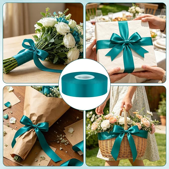 1In 30Yards Teal Satin Ribbon for Gift Wrapping Wedding Christmas Party | Sleek - Image 4