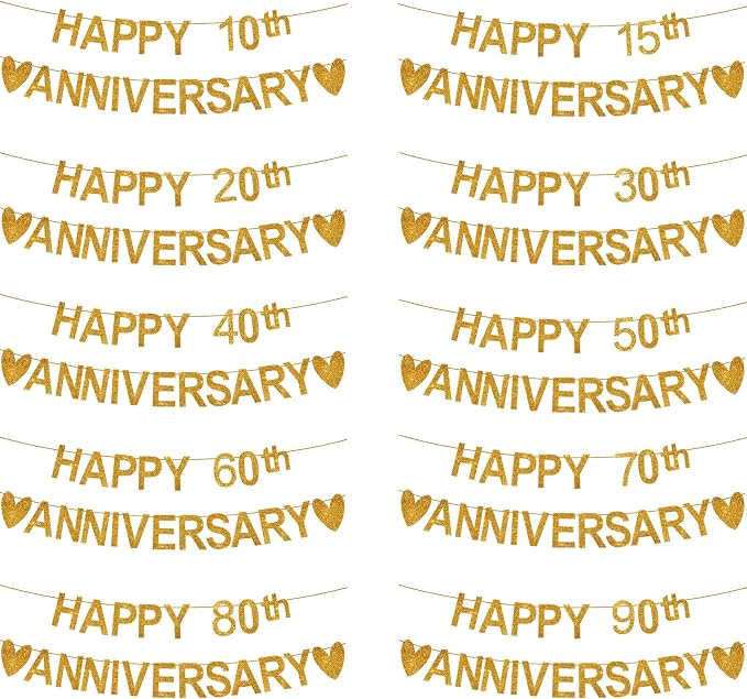 Happy Anniversary Banner, Custom Gold Glitter 10 20 30 40 50 60 70 80 90th Any - Image 2