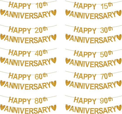 Happy Anniversary Banner, Custom Gold Glitter 10 20 30 40 50 60 70 80 90th Any - Image 2