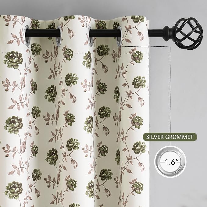 Beauoop Floral 100% Blackout Curtains Bedroom Green Brown 52x90 2 Panels | Rose - Image 9