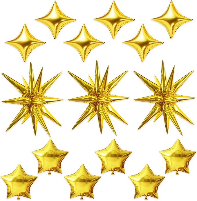 TONIFUL 22Inch 15Pcs Gold Large Explosion Star Mylar Balloons and 10Inch Four by TONIFUL