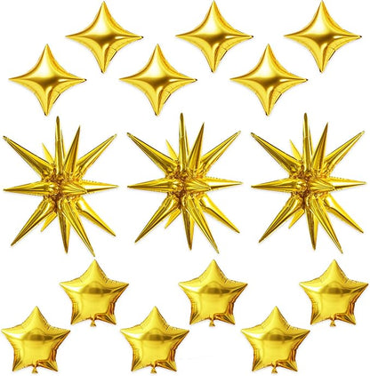 TONIFUL 22Inch 15Pcs Gold Large Explosion Star Mylar Balloons and 10Inch Four by TONIFUL