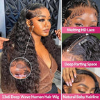 13x6 Deep Wave Lace Front Wigs Human Hair 200 Density HD Lace Front Wigs Human Deep Curly Human Wig Pre Plucked Deep Wave Glueless Frontal Wigs with Baby Hair (34 Inch)