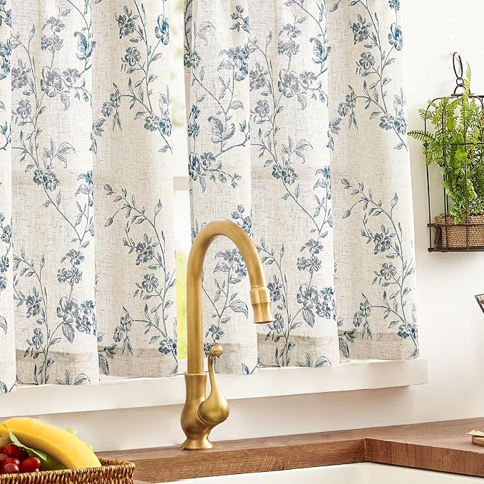 Blue on Beige Linen Kitchen Curtains Rod Pocket 26W X 36L 2 Panels | Elisa - Image 7