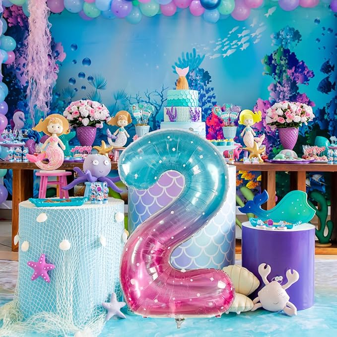 Mermaid 2 Balloons, 40 Inch Giant Rainbow Starry Helium Mylar Foil Number 0-9 - Image 8