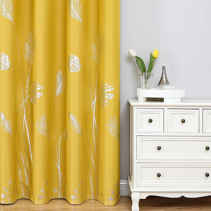 Yellow Blackout Curtains for Living Room, Room Darkening Silver Palm Tree - Image 2