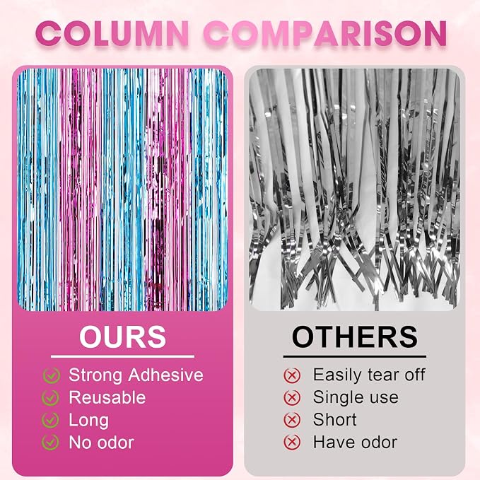 Voircoloria Blue Pink Foil Fringe Backdrop Curtains, 3 Pack | Tinsel Streamers - Image 5