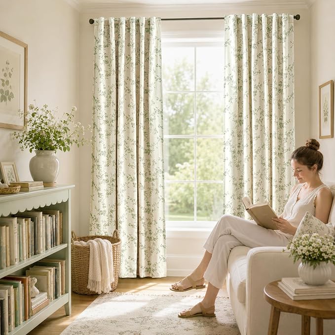 Blackout Vintage Floral Linen Curtains Green on Beige 50×90 2 Panels | Elisa - Image 7