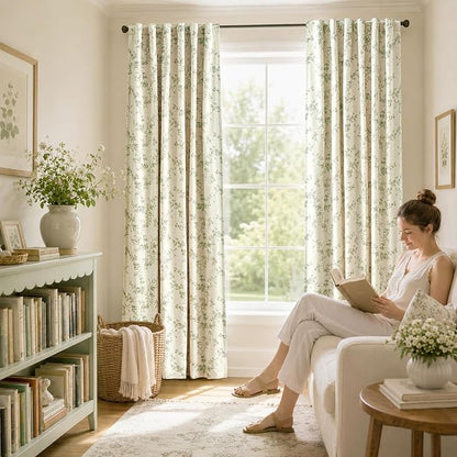 Blackout Vintage Floral Linen Curtains Green on Beige 50×90 2 Panels | Elisa - Image 7