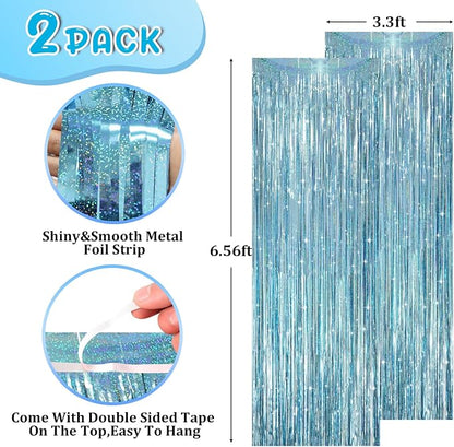 Voircoloria 2 Pack Laser Light Blue Foil Fringe Curtains, Tinsel Streamers - Image 2