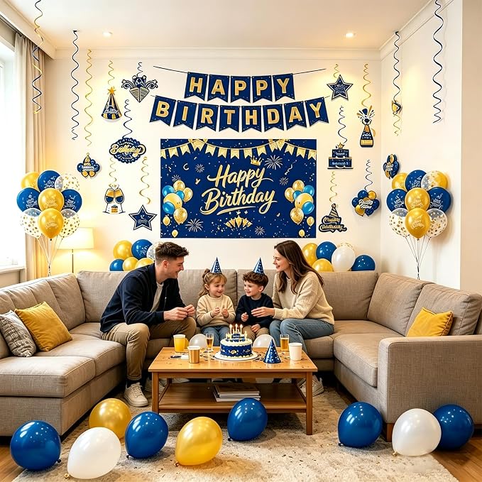 Blue Gold Birthday Decorations for Men Women | Pre-Strung Happy Birthday Banner - Image 5