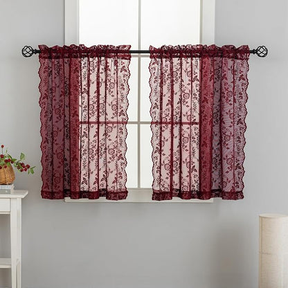 FINECITY Short Burgundy Sheer Curtains Leaf Floral W42 x L36 Inch, 2 Panels | - Image 8