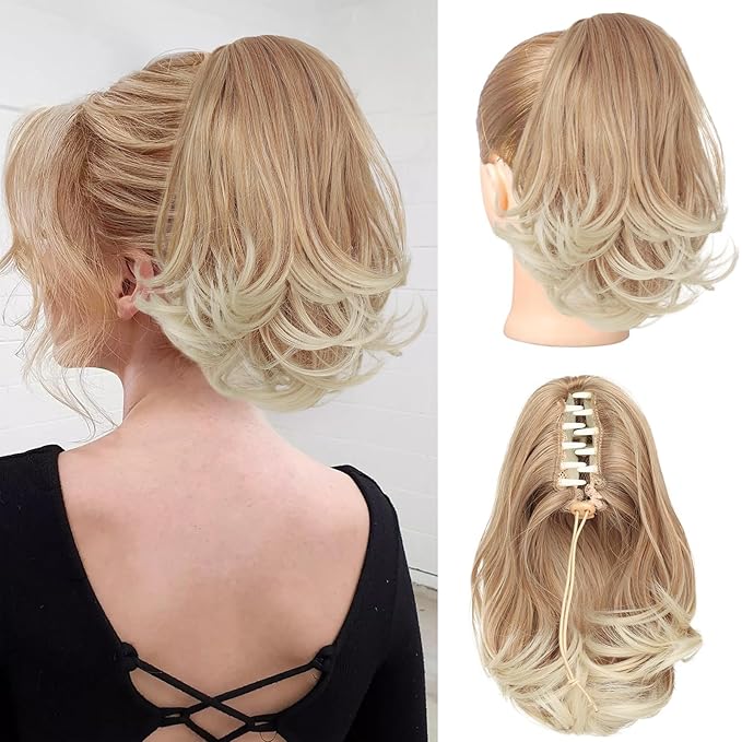 KooKaStyle Ponytail Extension, 10" Short Claw Clip in Pony Tails Hair Extensions Curly Wavy Synthetic Drawstring Hairpieces for Women(Honey Blonde and Dark Blonde Tips)