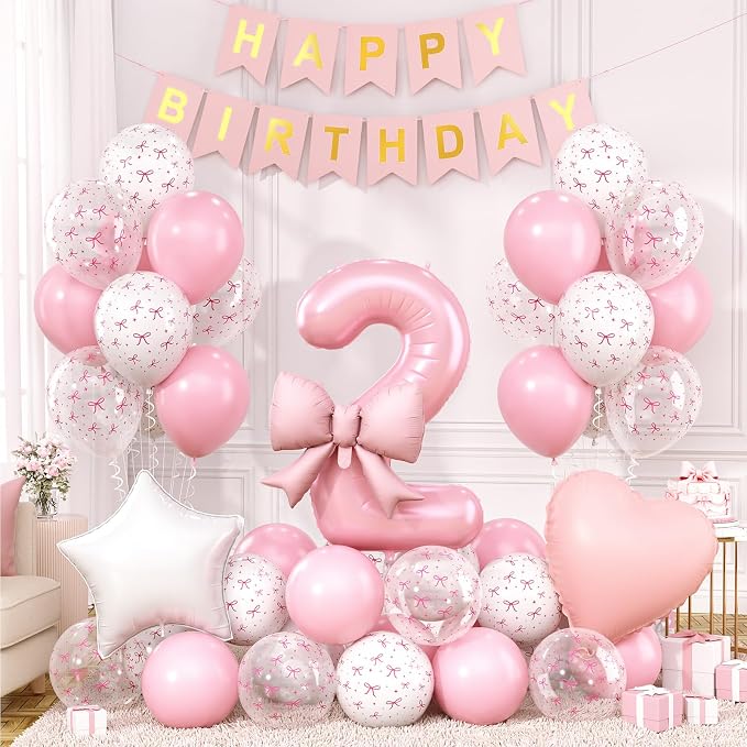 2nd Pink Bow Birthday Decorations by Xinvery