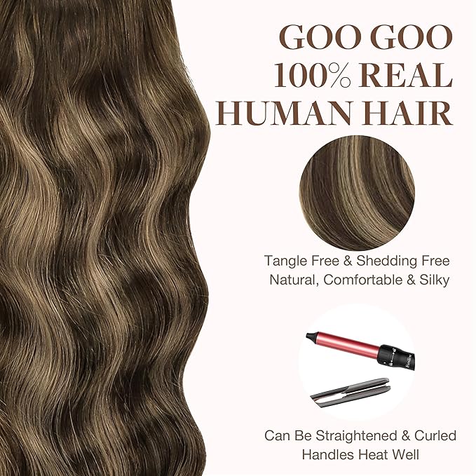 GOO GOO Tape in Hair Extensions Human Hair, 4/27/4 Balayage Chocolate Brown to Caramel Blonde, 18inch 50g 20pcs, Skin Weft Seamless Invisible, Silky Straight with Thick Ends, Remy Human Hair