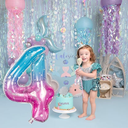 Purple Teal Number 4 Balloons, 40 In Large Mermaid Starry Number 4 Mylar Foil - Image 4