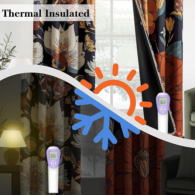 Tyrot Black Boho Floral 100% Blackout Curtains - Image 5