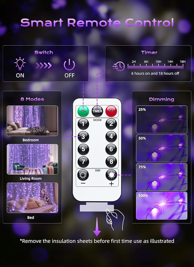 Brightown 300 LED Purple Fairy Curtain Lights, 9.8ft x 9.8ft String Lights | - Image 6