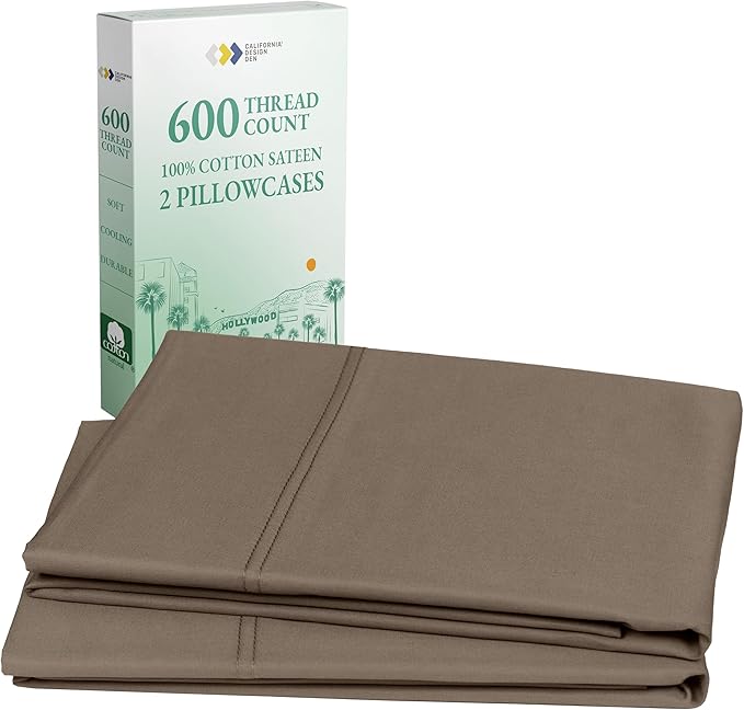 California Design Den Luxuriously Soft Premium 600 Thread Count, 100% Cotton Queen Pillowcases Set of 2, Crisp Standard Pillow Covers Fits Standard & Queen Pillows (Mushroom - Taupe Brown)