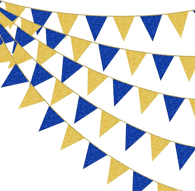 Royal Blue Gold Party Decorations Pennant Banner Flag Glitter Navy Blue and by pinkblume
