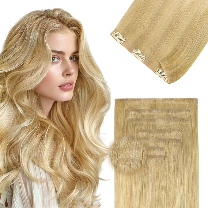 DOORES Clip in Hair Extensions Real Human Hair 22 inch 110g 7pcs Invisible Human Hair Extensions Clip ins, Injected Seamless PU Clipins Invisi Edge, 18A/60 Drity Blonde Mixed Platinum Blonde