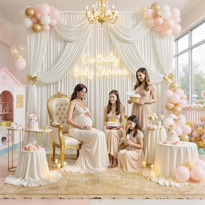 60 ft x 10 ft Wrinkle Free Ivory Backdrop Curtain - Image 3