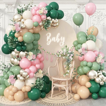 128Pcs Sage Green and Pink Balloon Arch Kit by Govpy