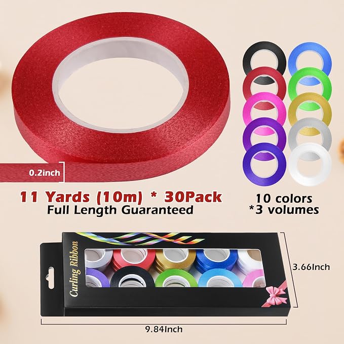 Curling Ribbon for Gift Wrapping: A 10-Color 30Roll Balloon Ribbon | Birthday - Image 2