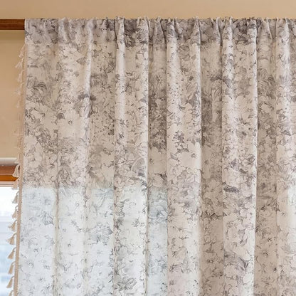 Floral Semi Sheer Rod Pocket 96 Inch Curtains 2 Panel Set - Image 2