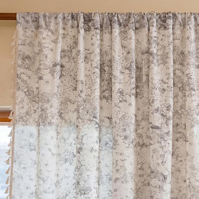 Floral Semi Sheer Rod Pocket 84 Inch Curtains 2 Panel Set - Image 2